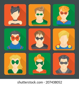 Set of comic character superheroes avatar icons in flat style with long shadows on squares vector illustration