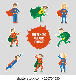 Set of comic character superheroes full body in sticker style vector illustration