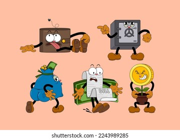 Set of comic characters in retro cartoon style. Cute comic gloved hands characters in cartoon 1930s style. Collection of comic characters on a business theme in retro cartoon style