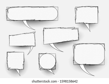 set of comic doodles, hand drawn speech bubbles and black and white texture. Vector cartoon comics isolated on white background 