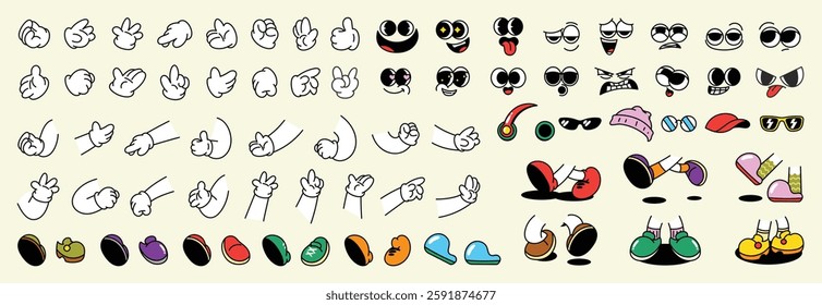 Set of comic element vector. Collection of cartoon character faces in different emotions, hand, glove, glasses, hat, shoes. Cute retro groovy hippie illustration for decorative, sticker.