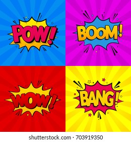 Conjunto de expresiones cómicas Boom, Pow, Wow, Bang con fondos de colores. Estilo Pop Art. Ilustración vectorial.