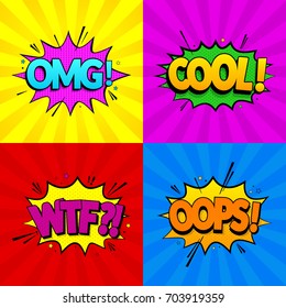 Set of comic expressions Omg, Cool, Oops, Wtf on colored backgrounds. Pop Art style. Vector illustration. EPS 10.