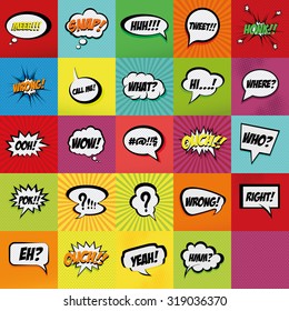 Set of comic expressions on colored backgrounds