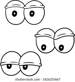 Set of comic eyes with different expressions. Emotions of sadness and boredom. Element of the human head and face. Half-closed eyelids. Funny hand drawn black and white illustration