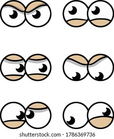 Set of comic eyes with different expressions of emotions. Look up, down, sideways. Element of character head and face. Cartoon illustration. Anger, fatigue, insanity