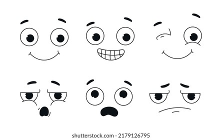 Set of comic faces. Various emotions and feelings, stickers for social networks. Funny people collection, happiness and sadness. Cartoon flat vector illustrations isolated on white background