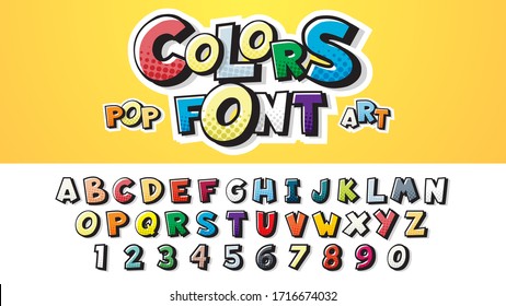 Set of Comic font letters. English alphabet for children's booklets posters in a cartoonish style. Vector illustration of a colorful font in retro pop art style on halftone background