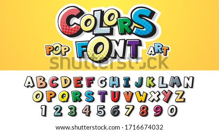 Set of Comic font letters. English alphabet for children's booklets posters in a cartoonish style. Vector illustration of a colorful font in retro pop art style on halftone background