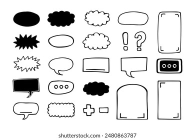 Set of comic frames, text boxes and speech bubbles. Freehand doodle vector illustrations, graphic design elements. 