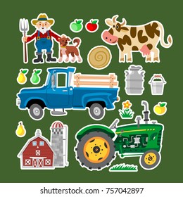 Set Of Comic Funny Farm Flat Objects With Barn, Old Tractor, Pickup Truck, Cow With Milk, Dog And Farmer. Collection Of Farming Stickers.