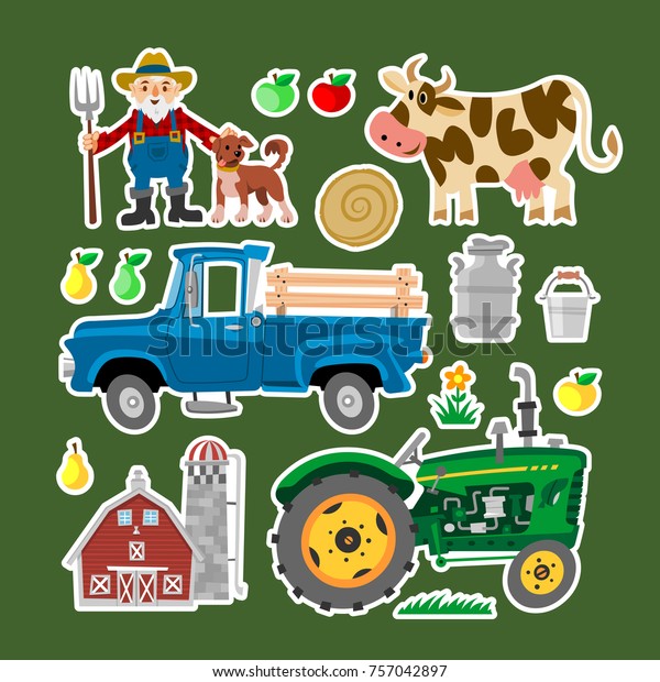 Set of comic funny farm flat objects with barn,\
old tractor, pickup truck, cow with milk, dog and farmer.\
Collection of farming\
stickers.