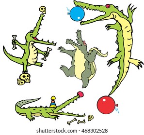 Set of comic gators as curcus actors (crococircus). Vector illustrations.