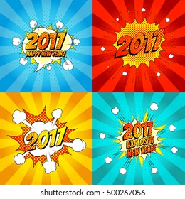 Set of comic happy new year banners. Vector illustration. Decorative set of backgrounds for happy new year with bomb explosive in pop art style.