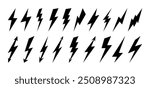 Set of comic icon lightning bolt elements in pop art style. Flash
sign charge or voltage, thunder and lightning strike in cartoon style. Collection of shock lightnins flash vector illustration