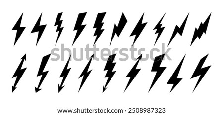 Set of comic icon lightning bolt elements in pop art style. Flash
sign charge or voltage, thunder and lightning strike in cartoon style. Collection of shock lightnins flash vector illustration