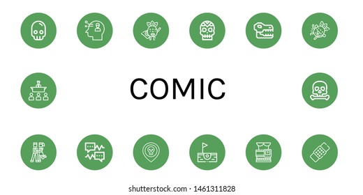 Set of comic icons such as Skull, Thinking, Superhero, Laughing, Foxtrot, Speech bubble, Birdie, Slimming belt, Patch, Speech , comic