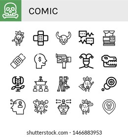 Set of comic icons such as Skull, Zombie, Patch, Speech bubble, Slimming belt, Thinking, Super, Buffoon, Carnivorous plant, Speech, Foxtrot, Superhero, Thought, Bubbles , comic