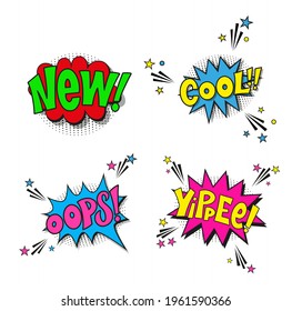 Set comic lettering new, cool, oops, yippee. Vector bright cartoon illustration in retro pop art style. Comic text sound effects. EPS 10.