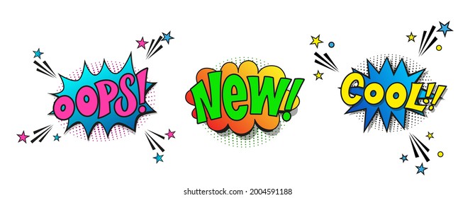 Set comic lettering oops, new, cool. Vector bright cartoon illustration in retro pop art style. Comic text sound effects. EPS 10.