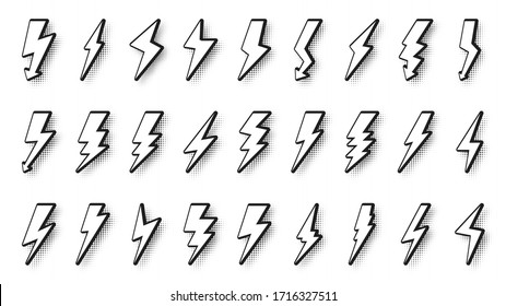 Set of comic lightning bolt pop art style with halftone dot shadow. Blank template sign emblem voltage in cartoon style. Different shapes shock lightnins flash. Isolated on white vector illustration