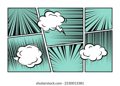 Set of comic manga book screentone with dialog speech bubbles. Pop art speed line background with blank balloons. Vector illustration of retro cartoon stickers