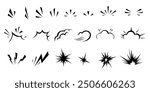 Set of comic manga hand drawn line elements for character graphic movement effects emotion. Doodle shine sunburst sparkle ray, flash, exploding shapes in pop art retro style vector illustration