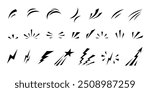 Set of comic manga hand drawn line elements for character graphic movement effects emotion. Doodle shine sunburst sparkle ray, flash, exploding shapes in pop art retro style vector illustration