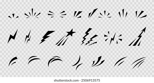 Set of comic manga hand drawn line elements for character graphic movement effects emotion. Doodle shine sunburst sparkle ray, flash, exploding shapes in pop art retro style vector illustration