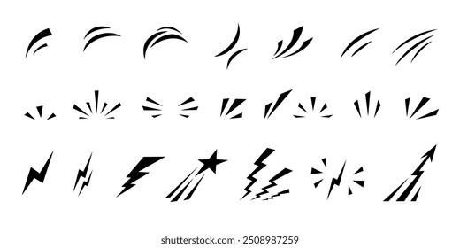 Set of comic manga hand drawn line elements for character graphic movement effects emotion. Doodle shine sunburst sparkle ray, flash, exploding shapes in pop art retro style vector illustration