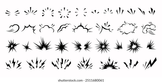 Set of comic manga hand drawn line elements for character graphic movement effects emotion. Doodle shine sunburst sparkle ray, flash, exploding shapes in pop art retro style vector illustration