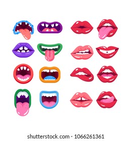 Set of comic monster mouth with teeth, realistic human woman lips. Cartoon monster mouth with emotions, teeth, tongue. Parts face of characters, mystical creatures, real people. Vector illustration.