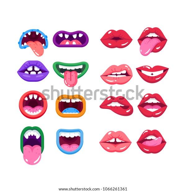 歯を持つコミカルな化け物の口 リアルな人間の女性の唇 感情 歯 舌を持つカルトゥーンの化け物の口 人物の一部 神秘的な生き物 実在の人々 ベクター イラスト のベクター画像素材 ロイヤリティフリー