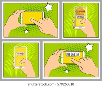 Set Comic phone with halftone shadows. Hand holding smartphone. Pop art retro style. Flat design. Vector illustration eps 10.