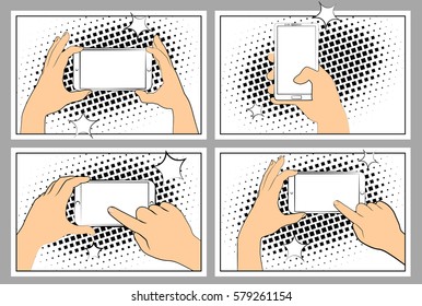 Set Comic phone with halftone shadows. Hand holding smartphone. Pop art retro style. Flat design. Vector illustration eps 10.