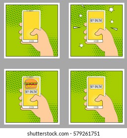 Set Comic phone with halftone shadows. Hand holding smartphone. Pop art retro style. Flat design. Vector illustration eps 10.
