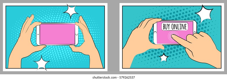 Set Comic phone with halftone shadows. Hand holding smartphone. Pop art retro style. Flat design. Vector illustration eps 10.