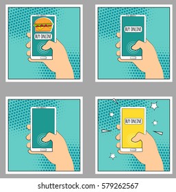 Set Comic phone with halftone shadows. Hand holding smartphone. Pop art retro style. Flat design. Vector illustration eps 10.