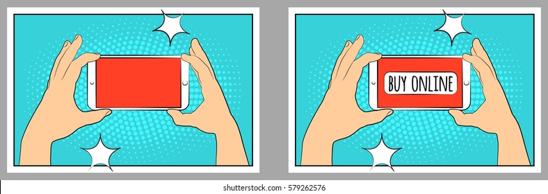 Set Comic phone with halftone shadows. Hand holding smartphone. Pop art retro style. Flat design. Vector illustration eps 10.