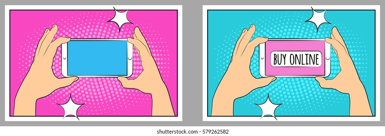 Set Comic phone with halftone shadows. Hand holding smartphone. Pop art retro style. Flat design. Vector illustration eps 10.