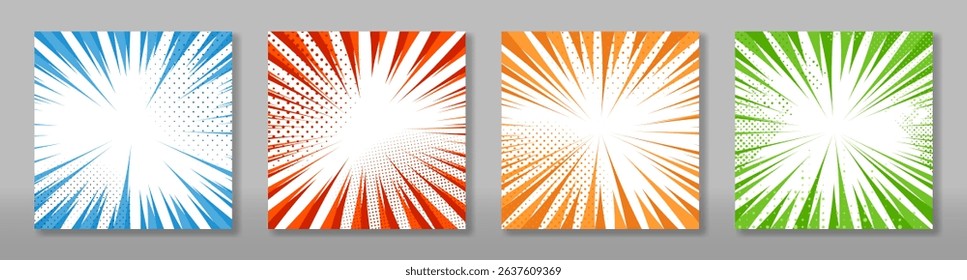 Set of comic pop art card. Vintage retro design. Radial backdrop with halftone elements.