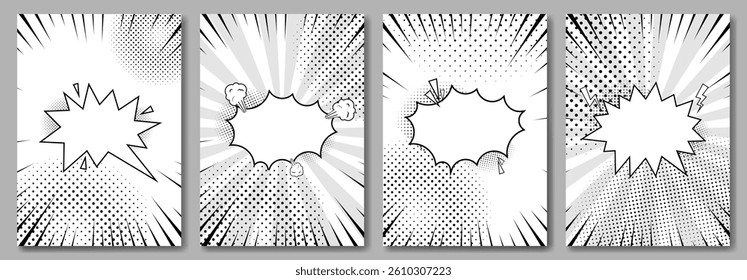 Set of comic pop art poster. Vintage retro design. White radial backdrop with halftone elements.