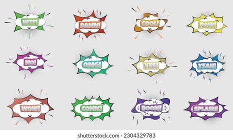 Conjunto de emociones de texto de arte pop cómico, ilustraciones de dibujos animados dinámicos vectoriales aisladas en segundo plano.