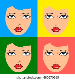 Set of comic pop art women's faces, Vector illustration