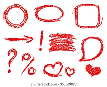 Set of comic red design elements. Crayon chalk hand drawn frame, heart, speech bubble, arrow, question mark, percent sign, exclamation mark. Group of funny vector copy space.