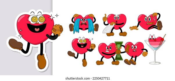 Set of comic red hearts characters in retro cartoon style on valentine day holiday. Cute comic hearts with funny faces emoticons in cartoon style for any life situation.