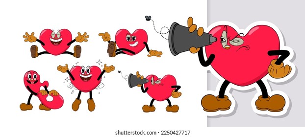 Set of comic red hearts characters in retro cartoon style on valentine day holiday. Cute comic hearts with funny faces emoticons in cartoon style for any life situation.
