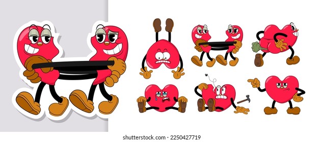 Conjunto de personajes de corazones rojos cómicos en estilo de dibujos animados retro en las vacaciones de San Valentín. Corazones cómicos con graciosos emoticonos en el estilo de las caricaturas para cualquier situación de la vida.