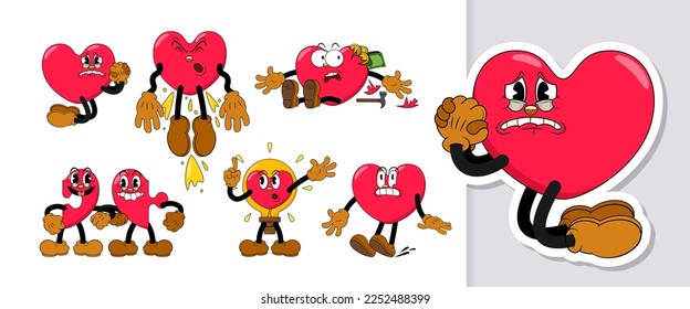 Conjunto de personajes de corazones rojos cómicos en estilo de dibujos animados retro en las vacaciones de San Valentín. Corazones cómicos con graciosos emoticonos en el estilo de las caricaturas para cualquier situación de la vida.