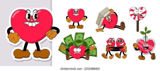 Set of comic red hearts characters in retro cartoon style on valentine day holiday. Cute comic hearts with funny faces emoticons in cartoon style for any life situation.